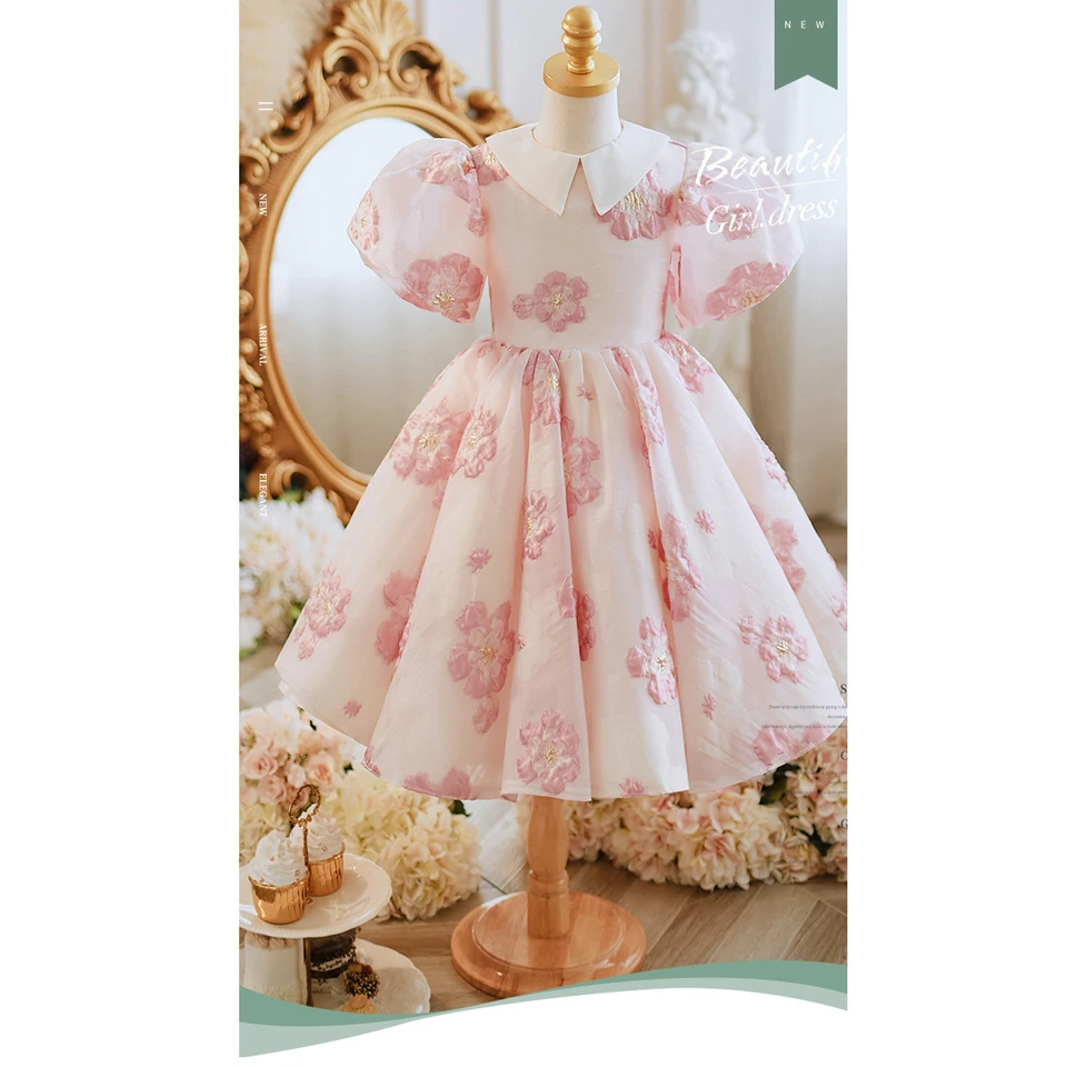 Dievčatko Puff Ruckve Dress Princess Dress Deti Hostiteľ klavír klavír kvety kvetiny detské šaty