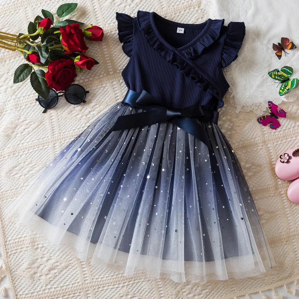 Dievčatko Tulle Rufle Príležitostné šaty leto 3-8 rokov narodeninová oslava gradient flocin luk šaty deti dievčatko Dresence wear