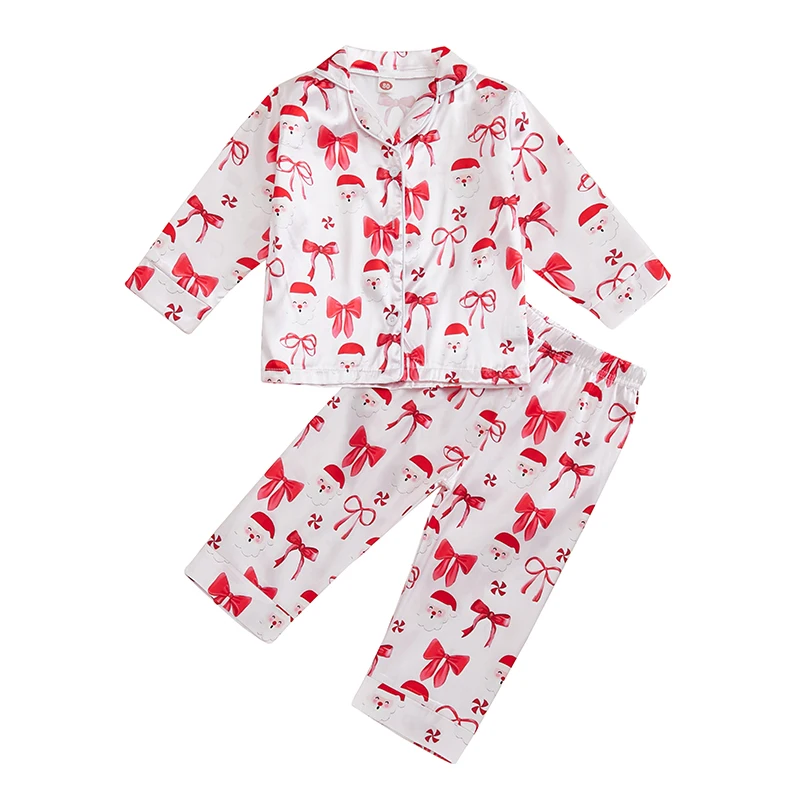 Dievčatko vianočné pyžama súpravy Santa Bow Print klopa krku gombíky topy Elastic pás dlhé nohavice salópanie