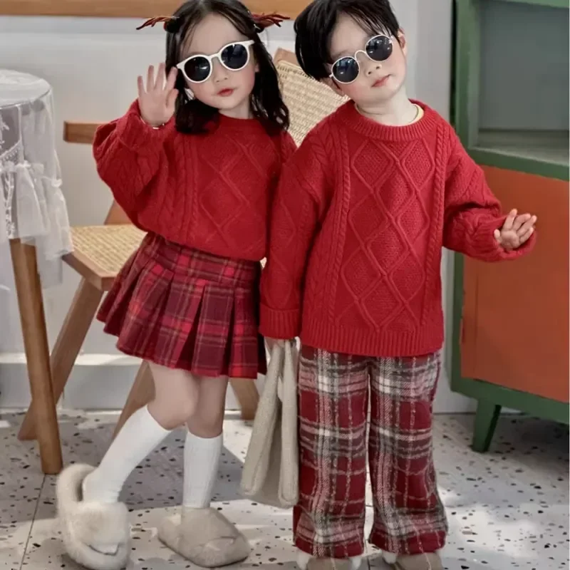 Dievčatko Vintage Princess Clothes Set Winter Spring Dieťa detský sveter+vlnené kockované nohavice skladaná sukňa 2ks detské oblečenie