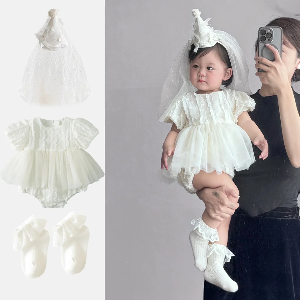 Dievčatko šaty ponožky narodeninová koruna 3 PCS Sada letná novorodenecká sukňa Romper Girls White Pink Diečka Dojčenské malé dievčatko Princezná