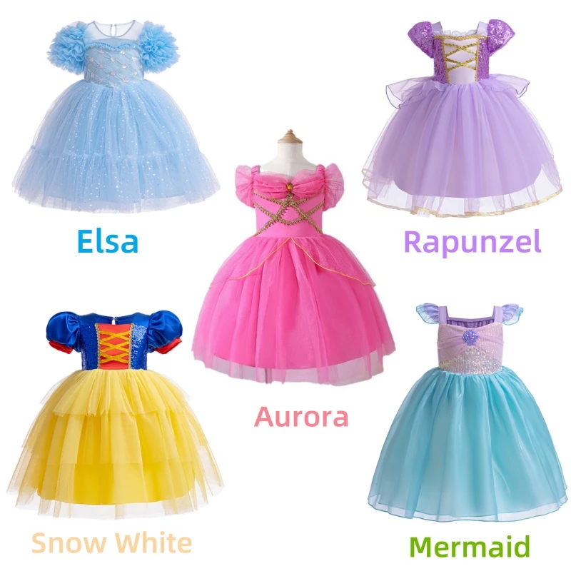 Dievčatá 2-10Y princezná Cosplay Aurora Popoluška morská panna šaty detské kostýmy luxusné oblečenie narodeniny karnevalové večierky loptové šaty