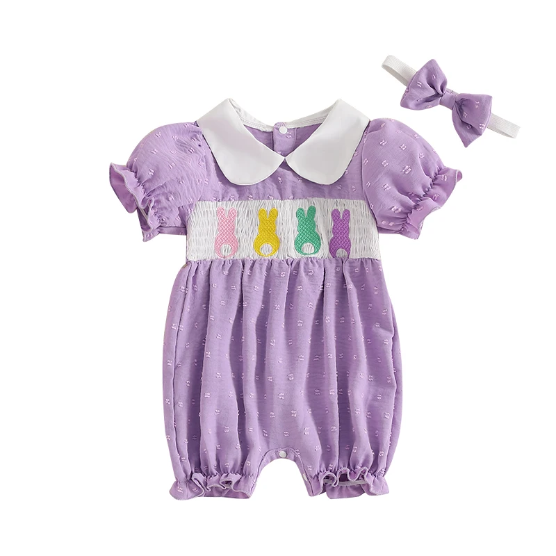 Dievčatá 2ks Veľkonočné oblečenie s krátkym rukávom Doll Bunny Bunny Vyšívací Romper + čelenka sada novorodencov