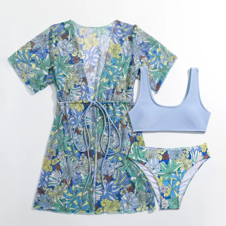Dievčatá 3pack kvetinový výtlačok vysoký pás Bikini Kids plavky a kimono 8-14 rokov detských plaviek 2024 dospievajúcich plaviek pláž pláž