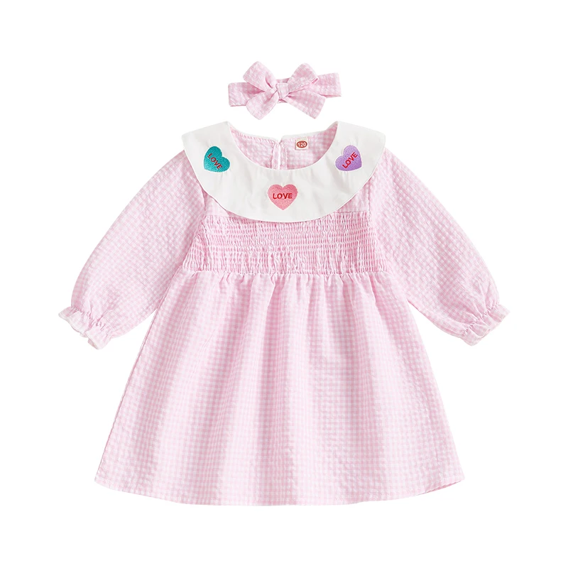 Dievčatá A-Line Plaid Dress Srdc Letter Vyšívaný smotrelovaný obojok Doll Golier s dlhým rukávom Princezná šaty vlasová kapela