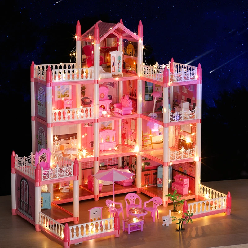 Dievčatá batoľa Doll House - veľký dom pre bábiky so 4 bábikami, nábytok, doplnky, LED svetlá, 4 príbehy princezná snové domy hračky