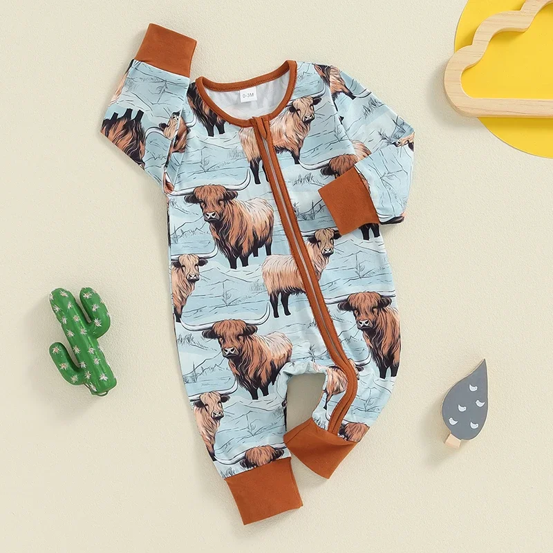 Dievčatá Chlapci Romper Highland Cow Print Dlhá rukáv Krč posádky Kr.