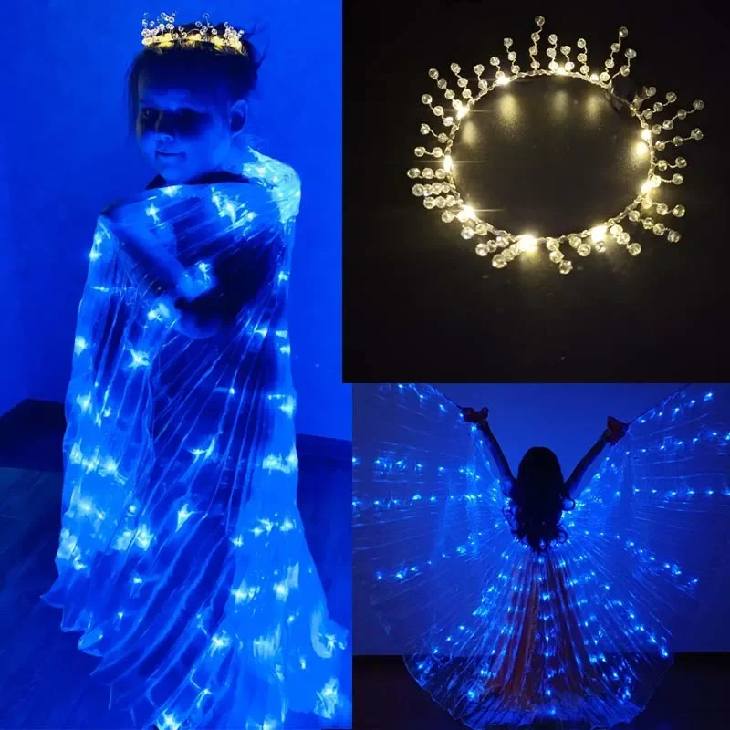 Dievčatá deti Angel Fairy Led Wings Cloak Light Up Crown Performance Costume Dancing Suck Glow Party Supplies Svadobný festival