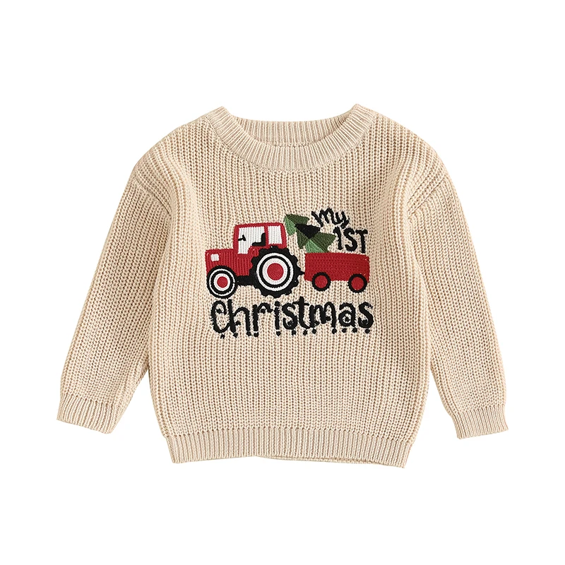 Dievčatá dievča vianočný sveter list traktor výšivka posádka krku s dlhým rukávom Pullover Tops na jeseň zima