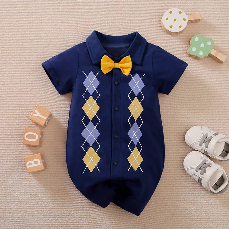 Dievčatá dievčatá oblečenie detské oblečenie pre batoľa kríženie kostým Romper OneSie krátke rukávy 100% bavlna Argyle Blue novorodenec Príležitostné neformálne rukávy