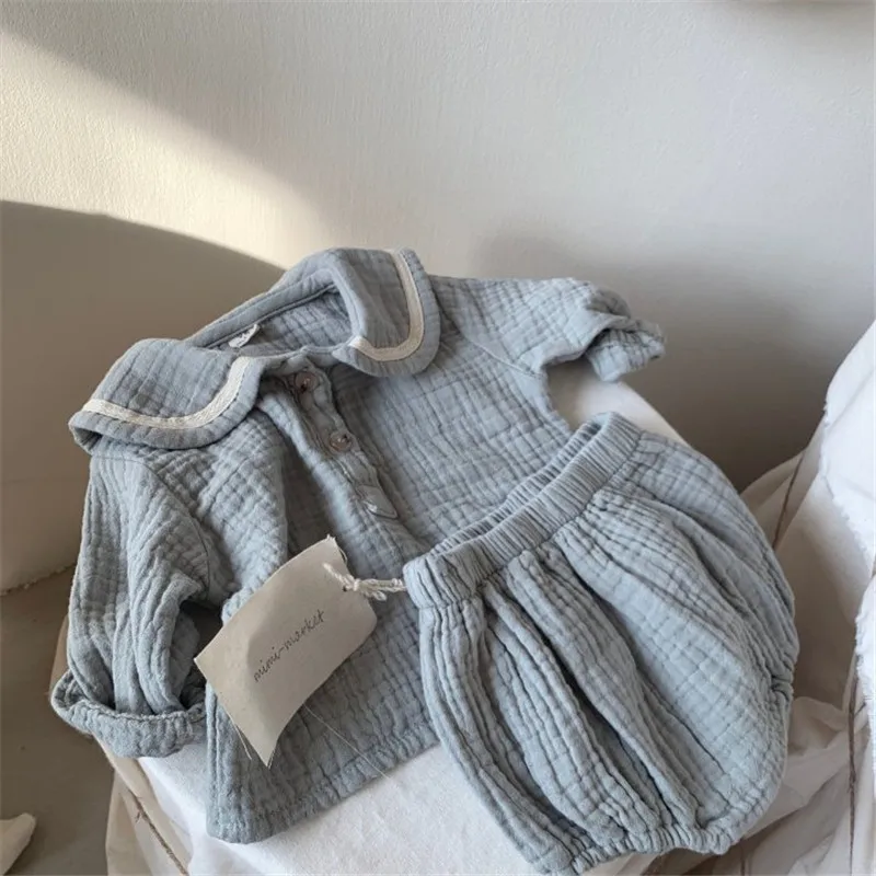 Dievčatá dievčenské oblečenie Set Muslin Spring 0-5y detská organická bavlna klope Navy štýl s dlhým rukávom Topy + šortky novorodenecké detské súpravy