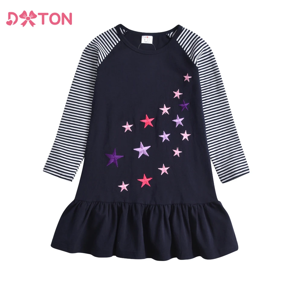 Dievčatá Dxton Girls s dlhým rukávom Šaty pruhované deti Príležitostné šaty pre dievčatá hviezdna aplikácia Cotton Kids Detské šaty ležérne oblečenie oblečenia