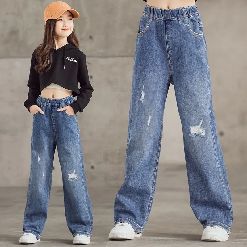 Dievčatá džínsy jar jeseň Príležitostné voľné bočné gradient Farba Malé deti Dieva široká noha nohavice