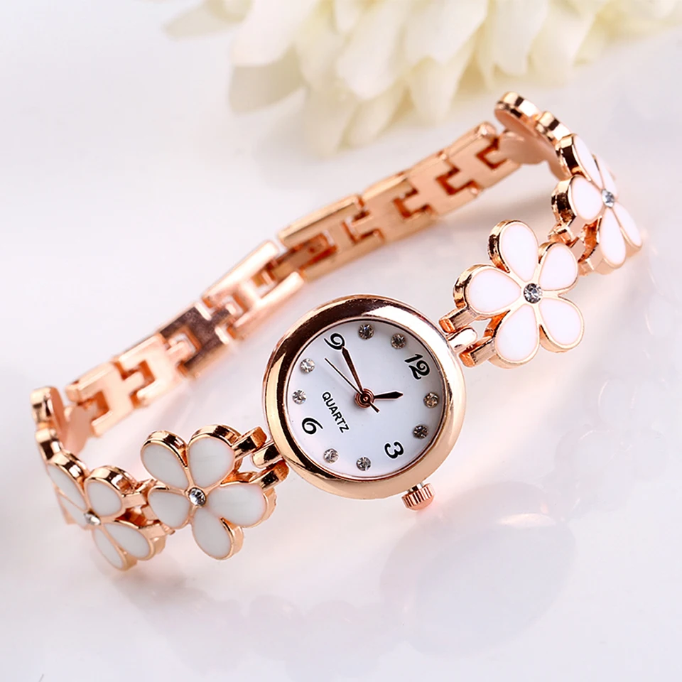 Dievčatá elegantné módne kvetina Rose Zlatý náramok náramok With White