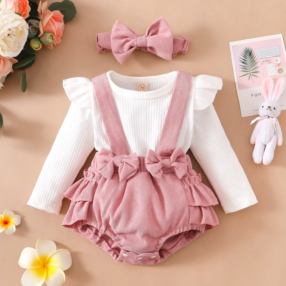Dievčatá falošné-2-kusy Fall Romper Ruffle s dlhým rukávom okrúhly krk korduroy Suspender Short + čelenka neformálna jarná kombinéza