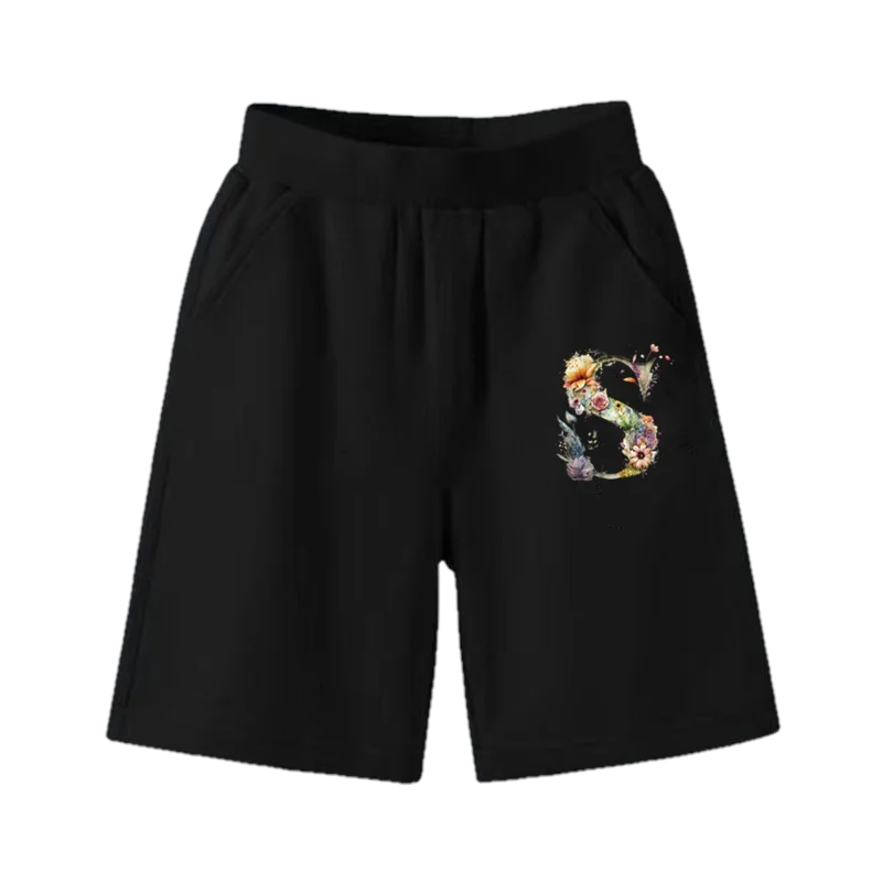 Dievčatá Fashion 26 Abeceda Floral Az Shorts Elastic Band Casual Krátke nohavice roztomilé 26 písmen s tlačiarne Študent Čierne šortky