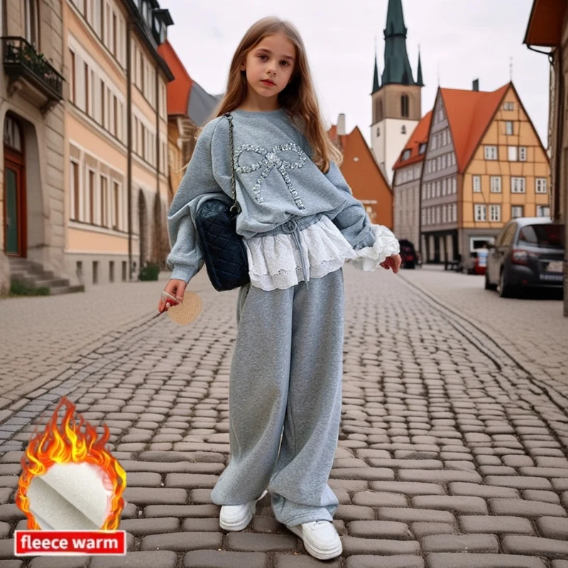 Dievčatá fleece set Zimná hustá šedá šedá luk 2ks dospievajúce detské oblečenie Mikina čipkanov módne módne oblečenie