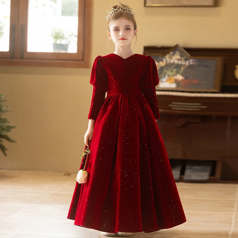Dievčatá fleece skladané dlhé dospievajúce šaty Detské elegantné šaty juniorské družičky Dievčatá Novoročné šaty/prispôsobiteľné