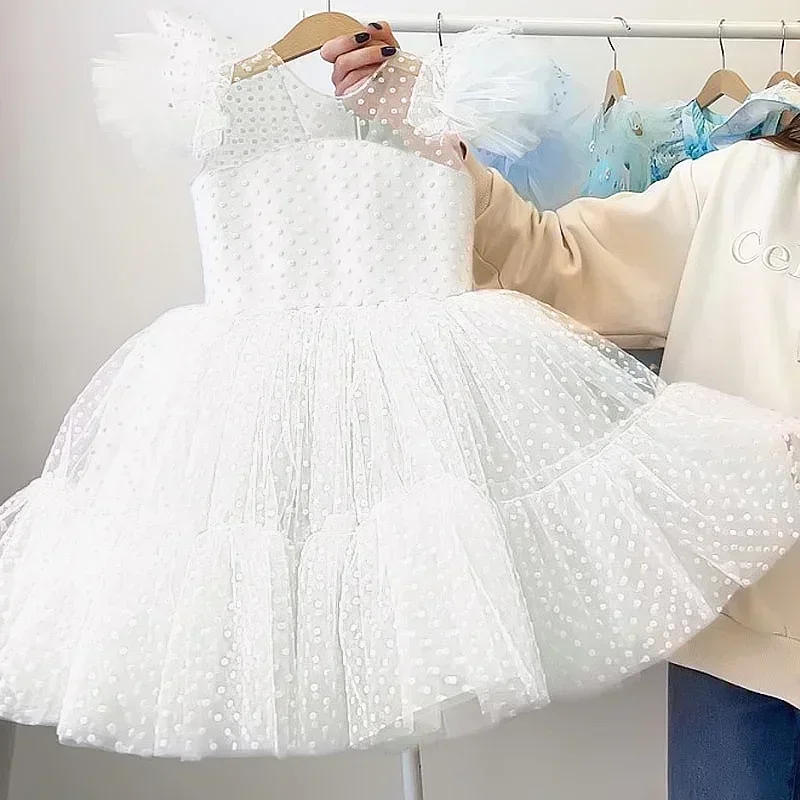 Dievčatá Fluffy Princess Dress Kids Flying Ruckve Polka Dot Birthday Party Formálne večerné šaty First Comarion Costume 4-10T
