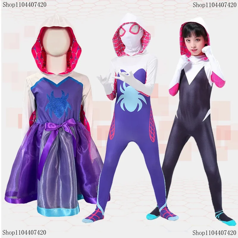 Dievčatá Gwen Ghost Spider kostým kostýmy BodySuit Halloween Cosplay s kapucňou Prázdniny Kostýmy Girls Fantasy Sexy šaty kostým kostým