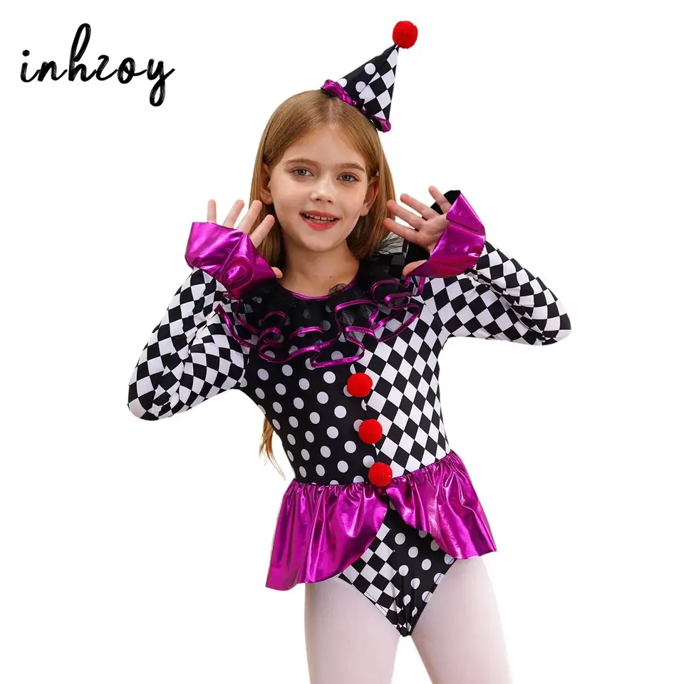Dievčatá Halloween Cirkus Colown Cosplay kostým s dlhým rukávom Hambul Distboard Polka Dots POM POMS Role Play BodySuit s klobúkom