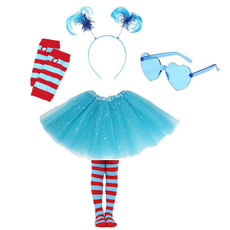 Dievčatá Halloween kostýmy Dr. Seuss outpity doplnky červené košele modré tutu sukňové rukavice ponožky