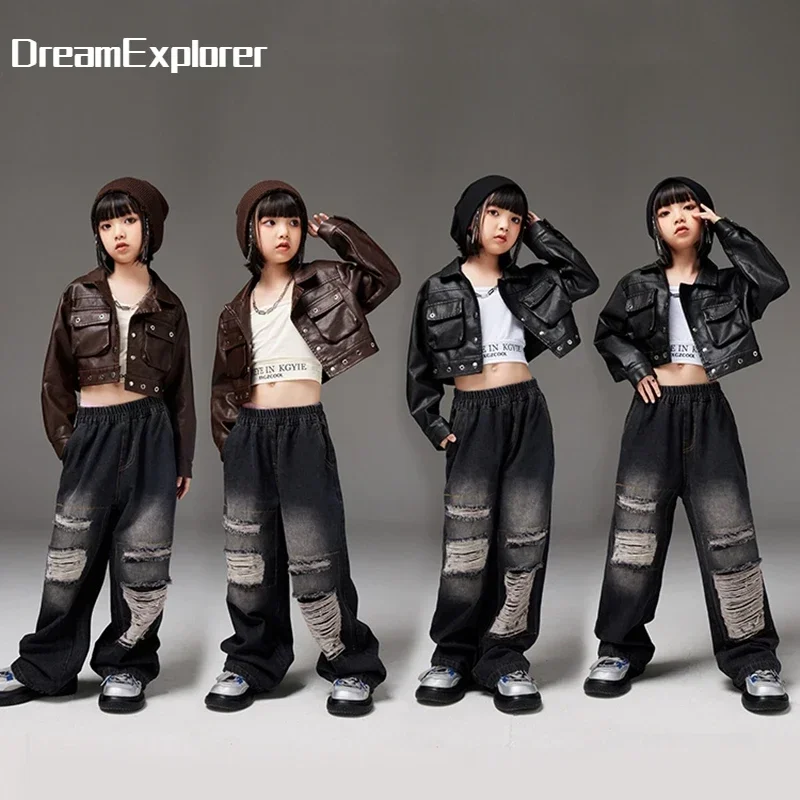 Dievčatá hip hop orezané kožené motocyklové bunda roztrhané džínsy Boys Street Dance Pu Coat Child Streetwear Detské jazzové oblečenie