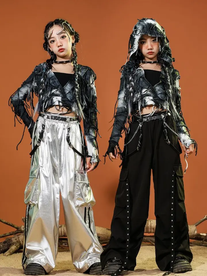 Dievčatá hip hop plodiny mikiny nákladné nohavice detské dance tanec lesklý pu strieborné nohavičky súpravy deti pustat punk k-pop kostýmy