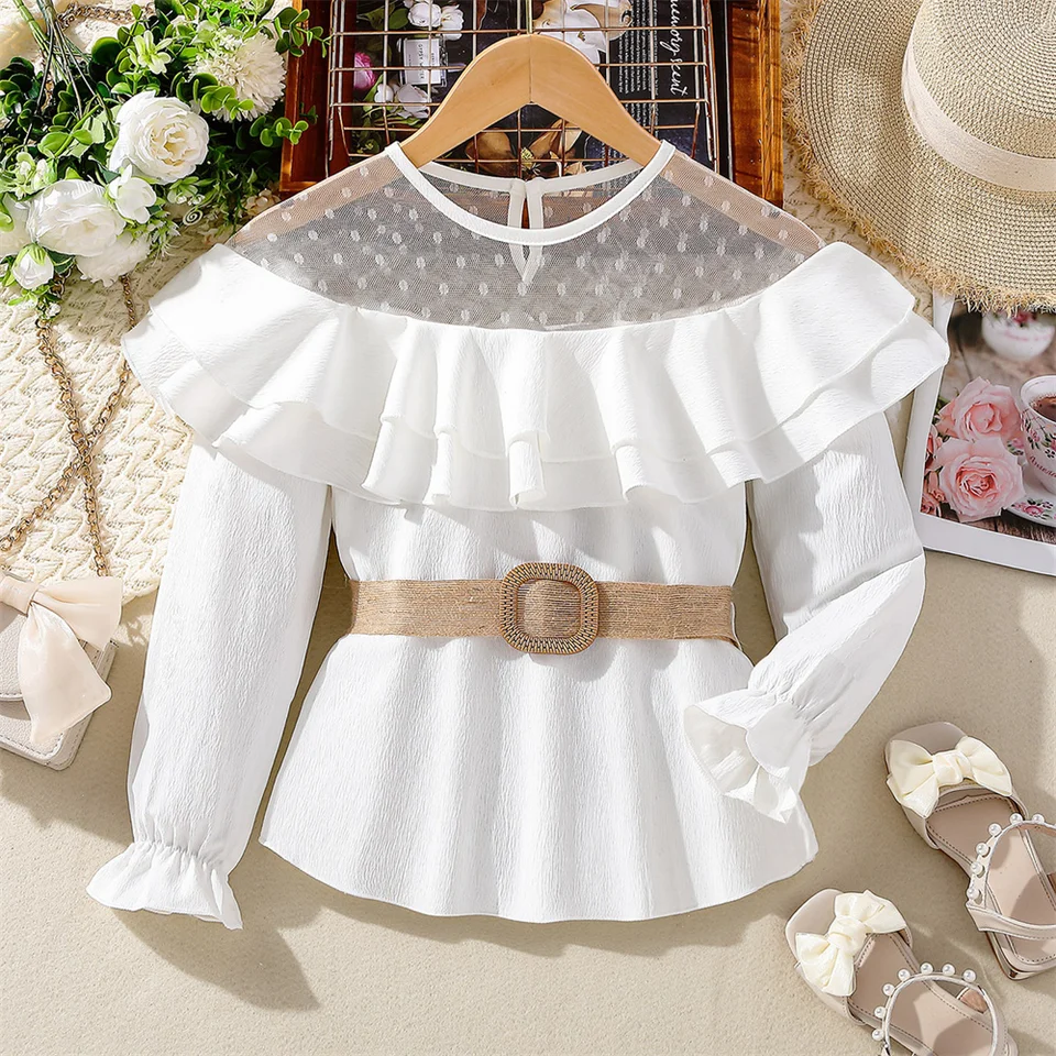 Dievčatá jesenné oblečenie oblečenie dot potlačiť dlhé rukávy s dlhým pletivom košele Tops Tops Tops letné móda batoľa dvojitého čipky blúzka deti