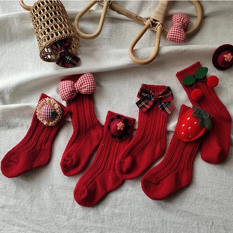 Dievčatá koleno vysoké ponožky Kids Cotton Red Big Bow vianočná ponožka Spevnená vlnená noha ohrievače dievčatko dievča batoľa mäkké ponožky pre 0-3 roky