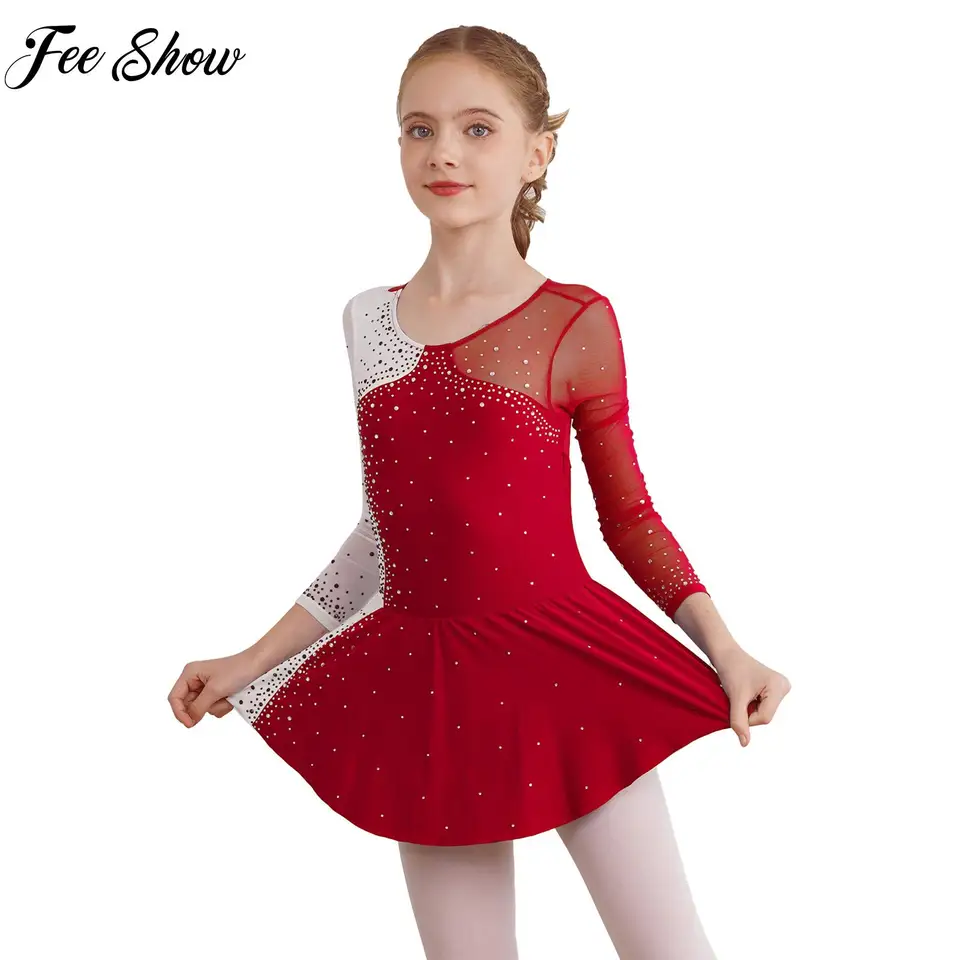 Dievčatá korčuľovanie tanečné šaty Gymnastika Performance Dancewear s dlhým rukávom lesklý kamienok zdobený patchwork kontrastný kontrast farbu