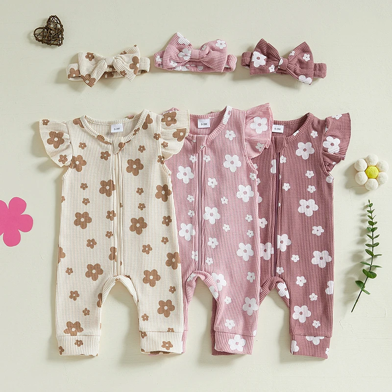 Dievčatá letné oblečenie kvetinové tlačové posádky krk na krk lietajúce rukávy zips novorodenca princezná Romper s čelenkou 2 PCS Set