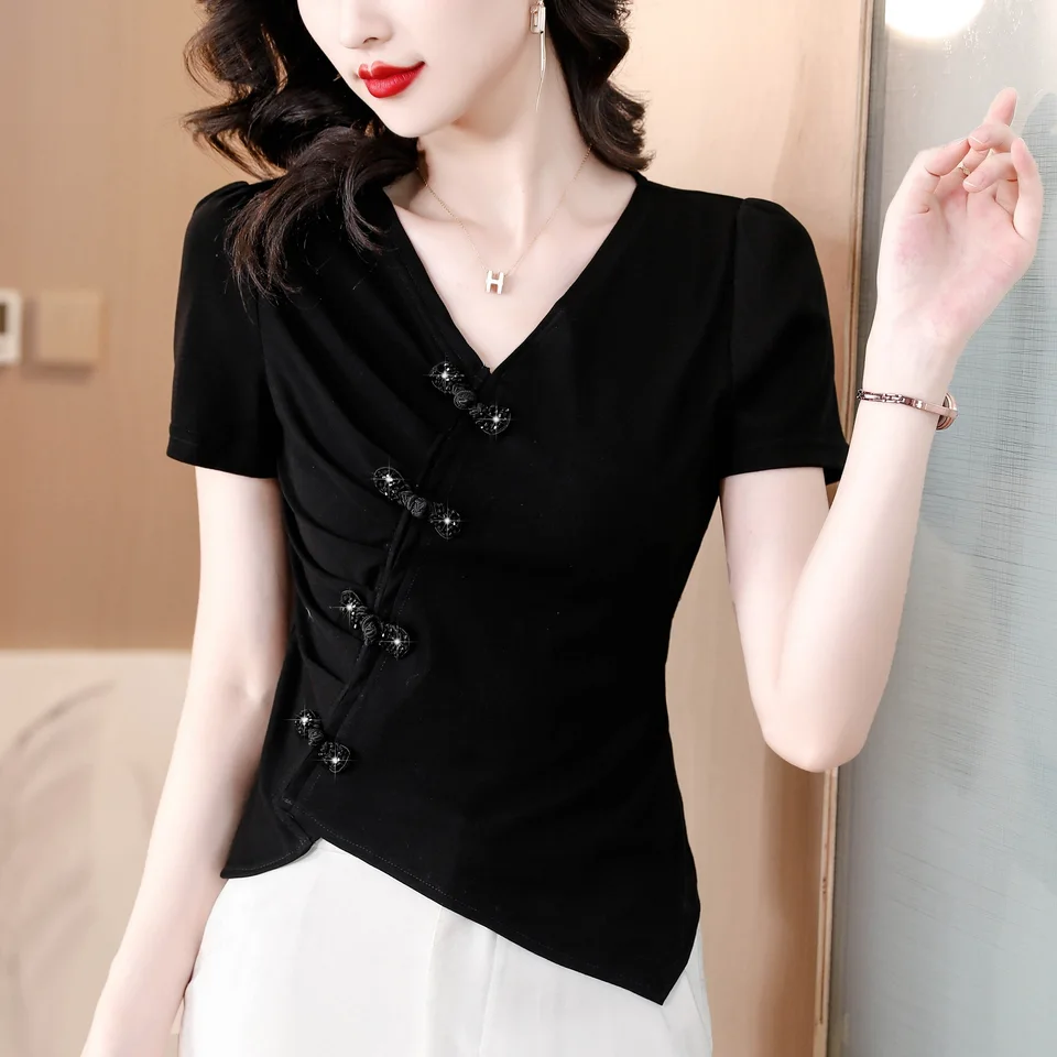 Dievčatá letné tričká Ženské vintage gombíky s krátkym rukávom v krku tričká Tops Women White Black nepravidelné odpaliská