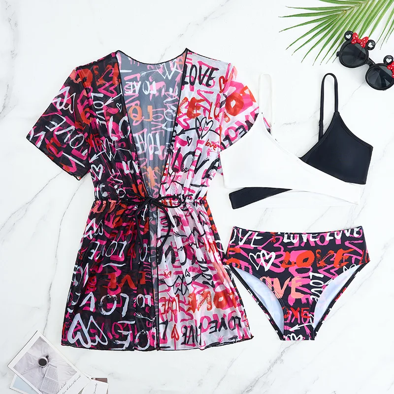 Dievčatá Letter Print Cross Wrap High Pase Bikini Kids Swimsuit & Kimono 7-12 rokov Detské plavky 2025 Tínedžeri plavky