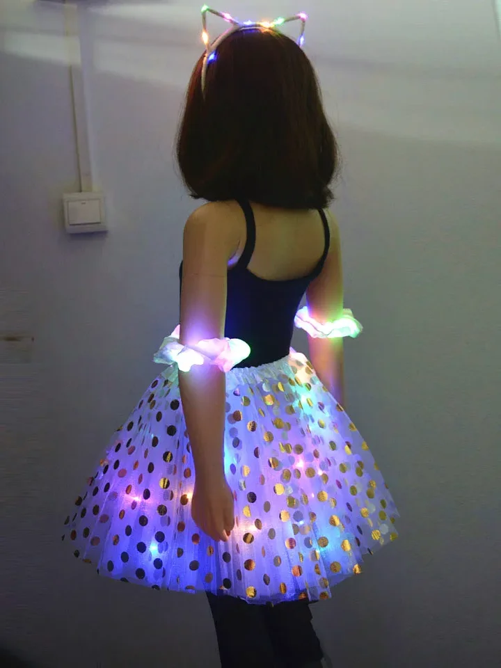 Dievčatá Light Up Polka Dots Tutu sukňa kvetina mačka Bunny Koruna čelenka kostým Glow Party