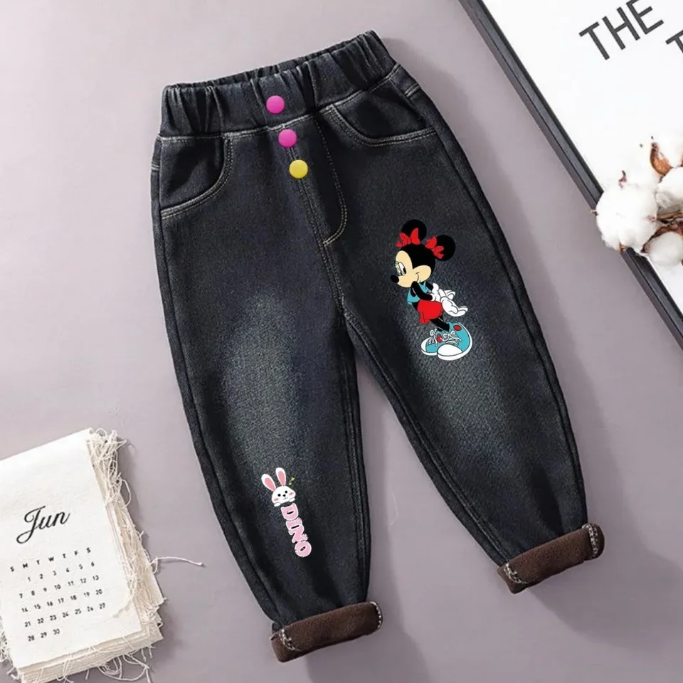 Dievčatá Minnie Mouse Dievčatá 2024 Zimné detské deti hrubé zamatové teplé džínsové nohavice Detské oblečenie Rovné pásy Elastické nohavice