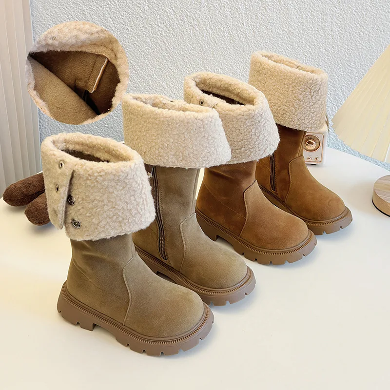 Dievčatá Mirad Retro retro stredné topánky 2024 Zimné nové detské zostrihanie Kórejskej edície High Top Boots Girls 'Two Wear Long topánky