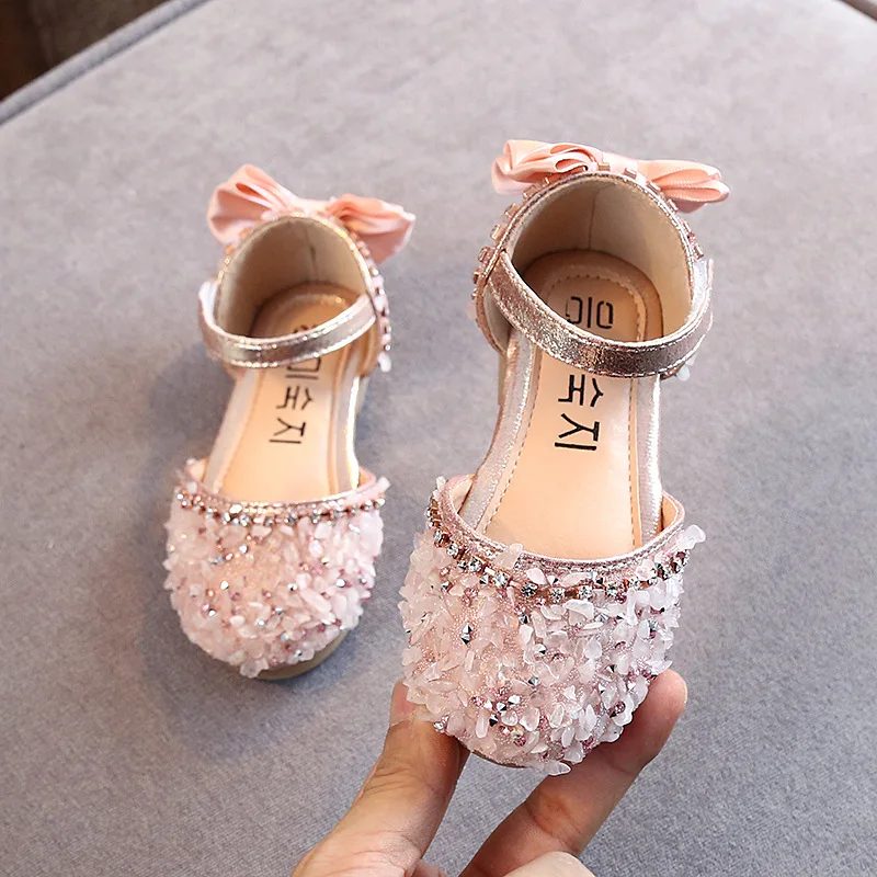 Dievčatá módna princezná topánky krištáľové luk slobodné byty letné mäkké sandále Deti Pu Flat baby kamienok pre batoľa obuv
