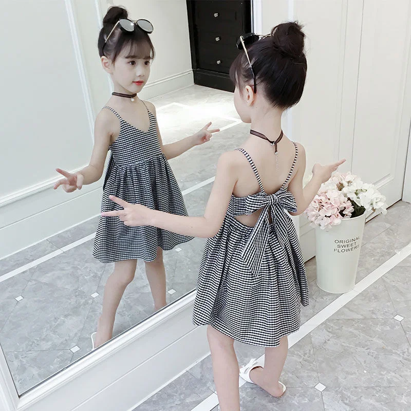 Dievčatá Plaid vzory letné deti módne vestidos deti nové neformálne šaty bez rukávov 3-12y tínedžer veľké luk