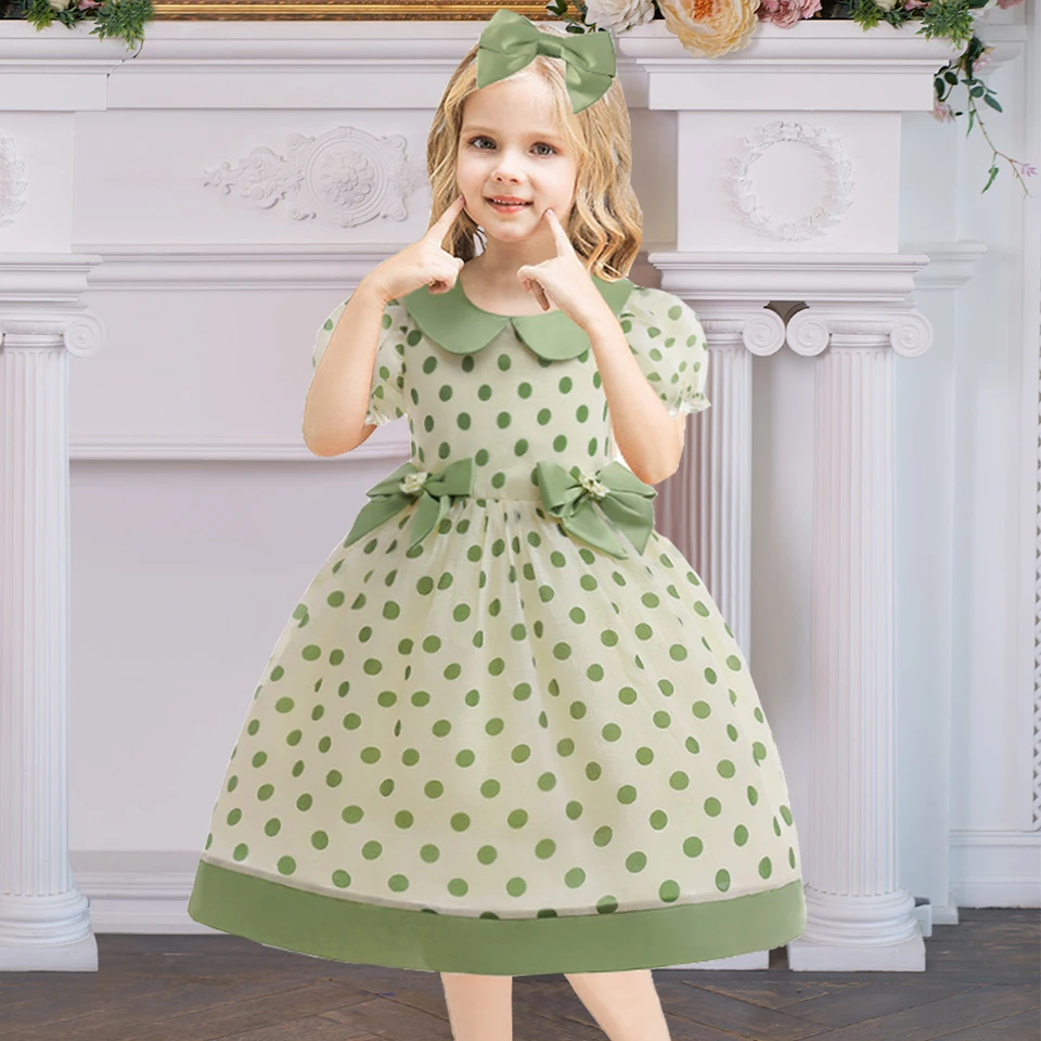 Dievčatá Polka Dots Letné oblečenie Detská párty princezná šaty deti Krátke rukávy luk narodeniny šaty detský obojok sviatočné oblečenie