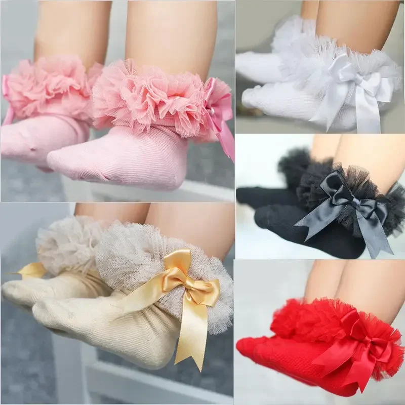 Dievčatá ponožky s motýľkou čipky s čipkou princezná princezná Cotton ponožka s viac farbami šedá červená červená ružová ružová biela kniežatá ponožky