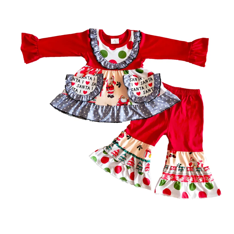 Dievčatá pre batoľatá vianočné oblečenie Zimné s dlhým rukávom Dot Dot Cartoon Cats Pattern TUNIC Top Match Bell Pants Outfits