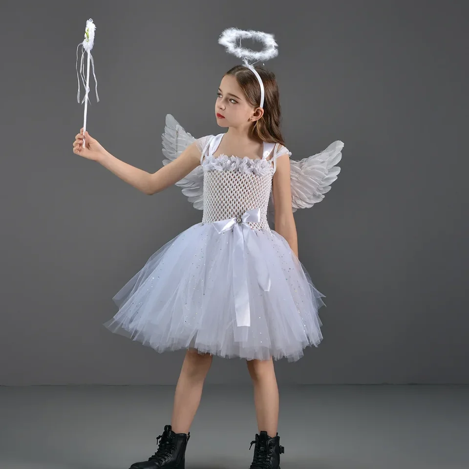 Dievčatá princezná rozprávka Cosplay šaty biely anjel kostým tutu pre krídla Halloween kostýmy pre deti dievčenské oblečenie outfit 2-12T