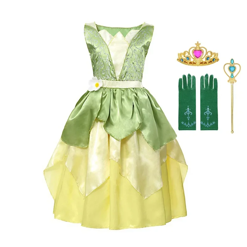 Dievčatá princezná Tiana oblečená kostým deti cosplay princezná a žaba oblečenia dieťaťa narodeninová oslava Halloween Fancy Ball Rown