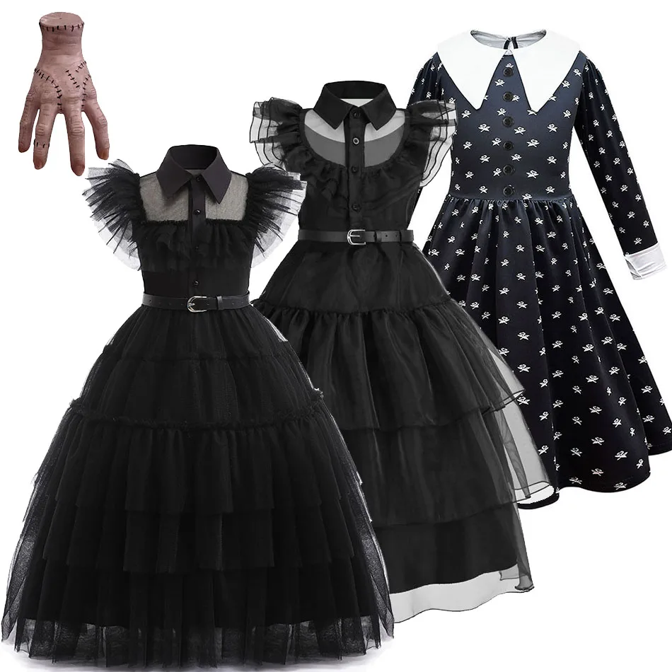 Dievčatá princezná šaty deti Addams Party s vrstvené maskovanie detí cosplay halloween fantasy temný gotický tanečný kostým 4-12 rokov