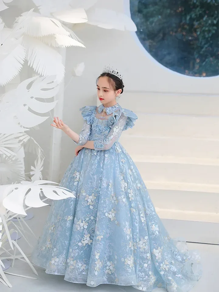 Dievčatá prvé spoločenské šaty dievča svadobné vyšívacie šaty Detské klavírne predstavenie Vestidos Deti Elegantné sprievodné guľové šaty
