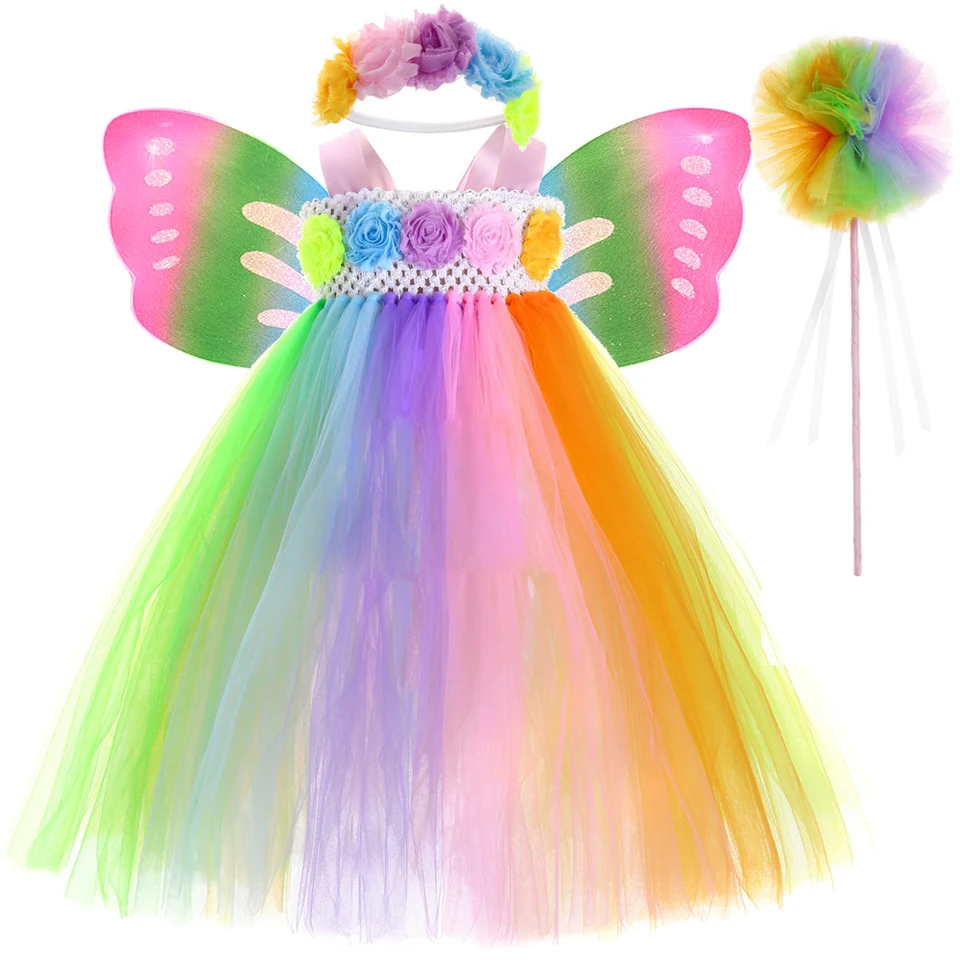 Dievčatá Rainbow Fairy dlhé kostýmy pre deti narodeniny Halloween Fancy Chaty s trblietavými krídlami prútik princezná balet tutus outfit