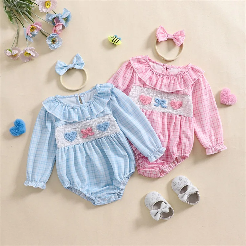 Dievčatá Romper Plaid Bow Bow Doll Doll Collar Frill Dlhý rukáv Smocked Spring Confletionsuits