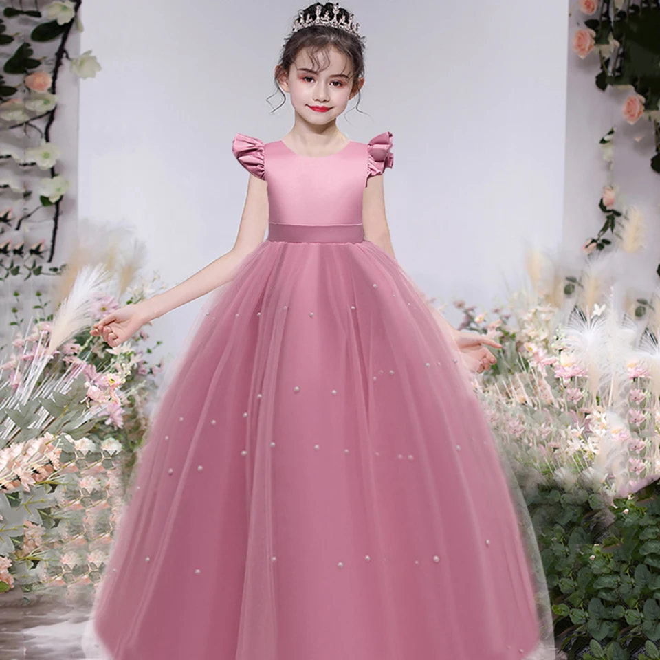 Dievčatá Rose Print Flower Dress Teen First Communion Long Roupe Clothing Kids Dresesmild večer maxi večer 12 13 14 y Vestidos