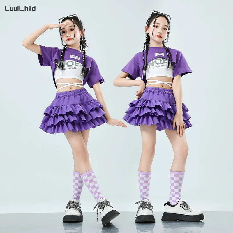 Dievčatá roztomilé letné streetwear deti hip hop plodiny Top fialové odstupňované sukne oblečenie súprav
